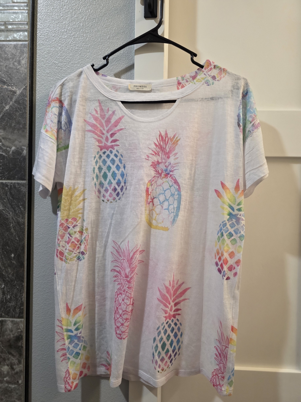 Promesa White Tee with Rainbow Pineapple Print